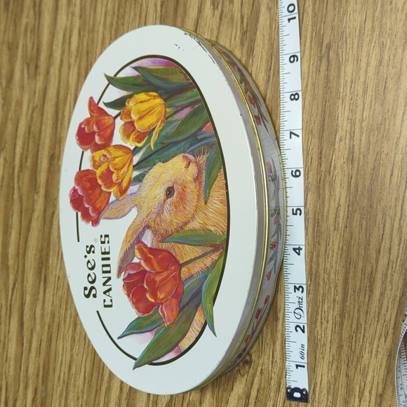 See's Candies storage tin Bunny Tulips Candy Easter - Picture 1 of 11